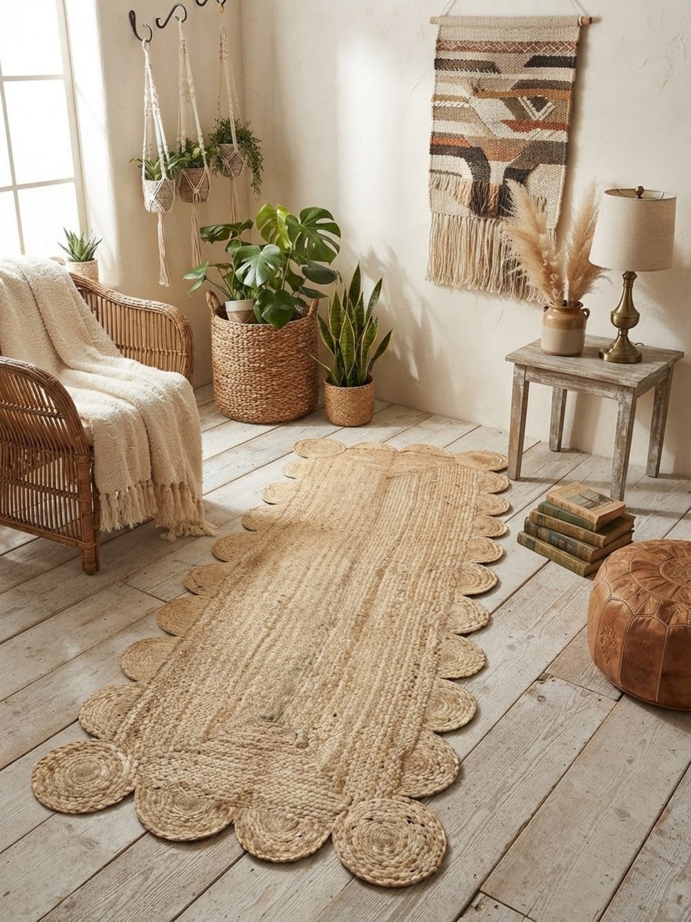 Boho Scalloped Jute Runner Rug 72” x 24” Natural Braided Entryway Hallway